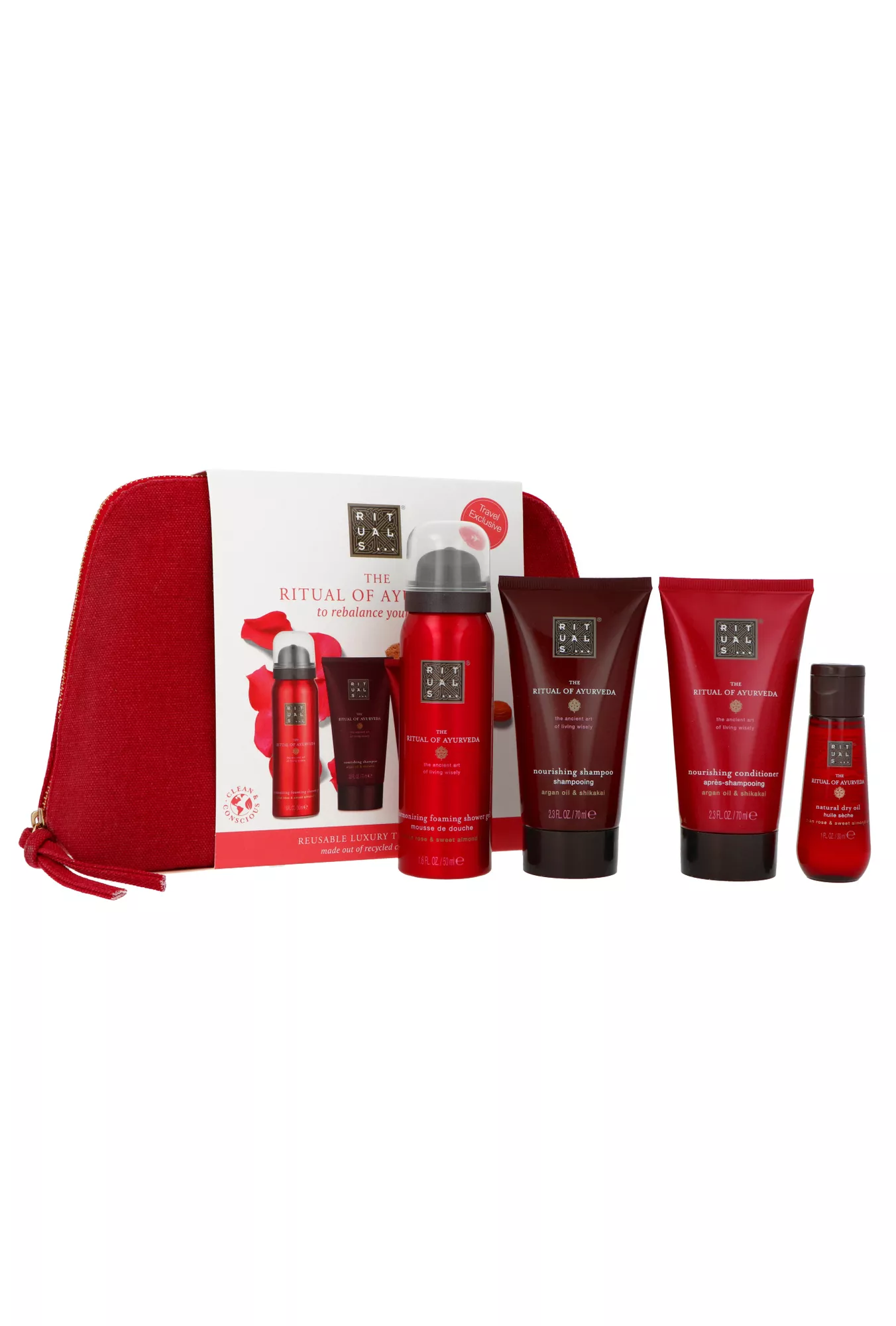 Set Rituals The Ritual of Ayurveda Shampoo 70ml + Conditioner 70ml + Foaming Shower Gel 50ml + Dry Body and Hair Oil 30 ml + Pouch by Rituals