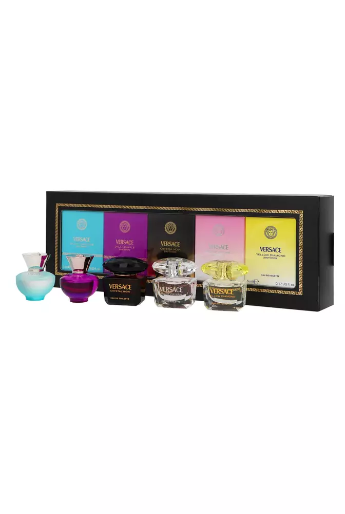 Set Versace Miniatures Collection: Dylan Turquoise Edt 5ml + Dylan Purple Pour Femme Edp 5ml + Crystal Noir Edt 5ml + Bright Crystal Edt 5ml + Yellow Diamond Edt 5ml 1
