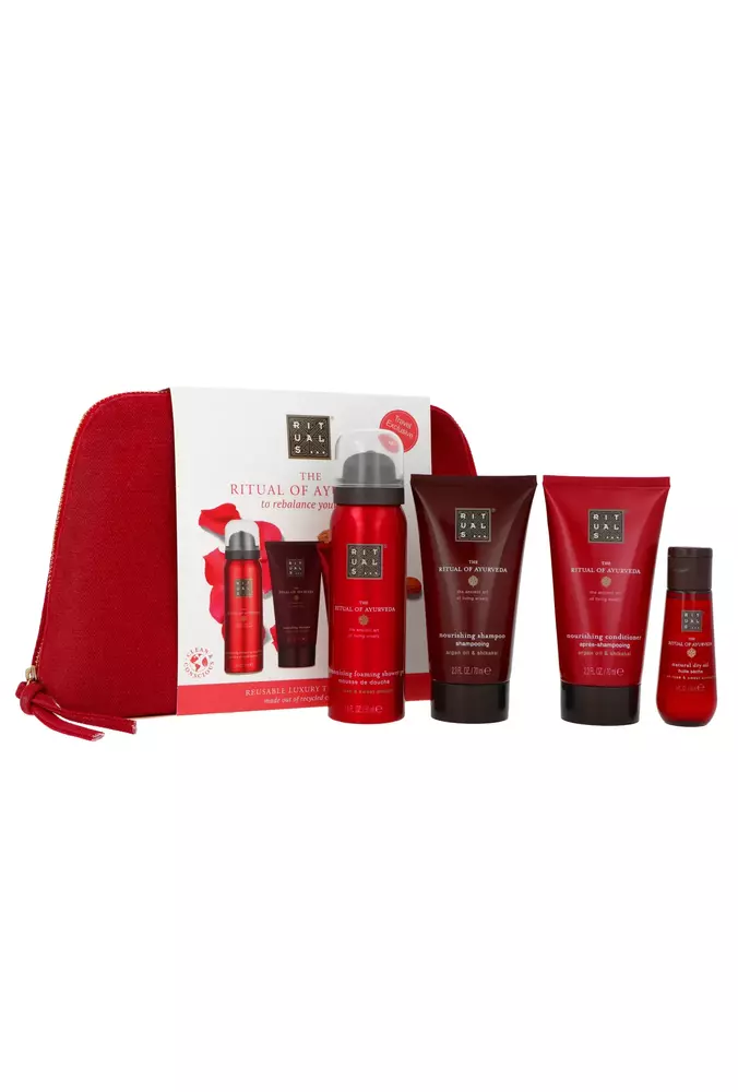 Zestaw Rituals The Ritual of Ayurveda Shampoo 70ml + Conditioner 70ml + Foaming Shower Gel 50ml + Dry Body and Hair Oil 30 ml + Pouch 1